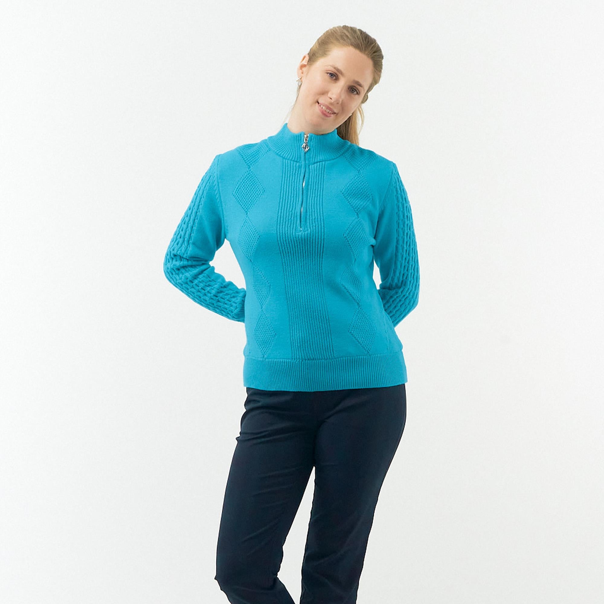 Pure Golf Sorrell Cable Knit Lined Ladies Golf Jumper Tourmaline Blue